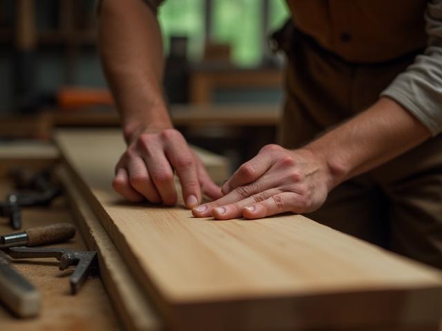 En håndverker velger nøye ut et stykke treverk