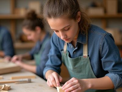 En student fokuserer på å forme tre i et trearbeidskurs