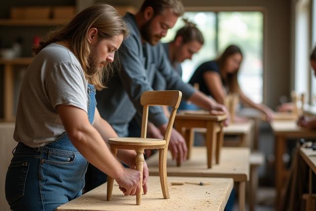 Group of people restoring an old wooden chair during a workshop